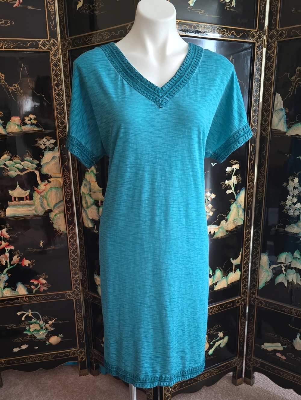 Chico's Turquoise V-Neck Crochet-Trim Knee Length Dress